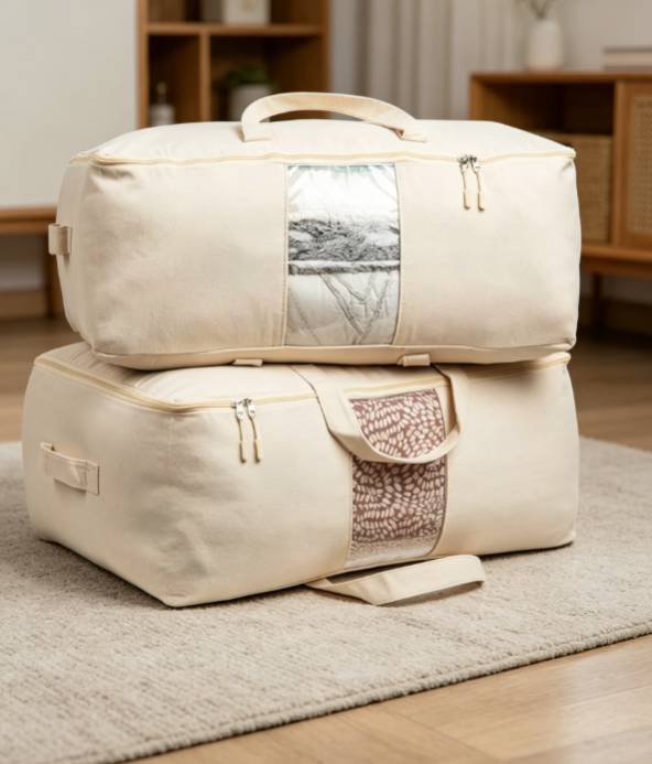 Canvas storage bag with handles and transparent window